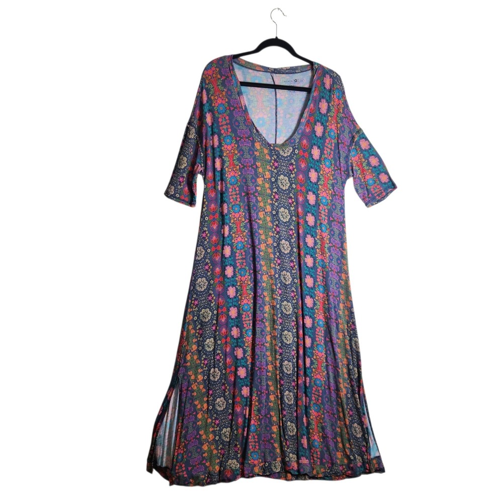 Natural Life Womens Floral Boho Maxi Dress Blue Pink V-Neck Rayon Blend Large